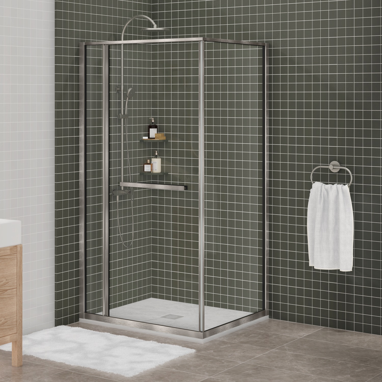 Shower base Slate 42 x 42, in alcove, in concrete grey